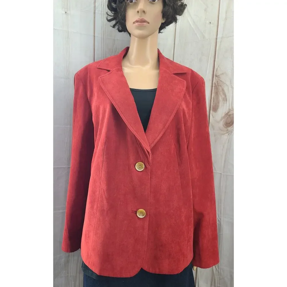 Judith Hart Women's Sz 16W 2 Button Faux Suede Red Blazer Jacket Silky Lining